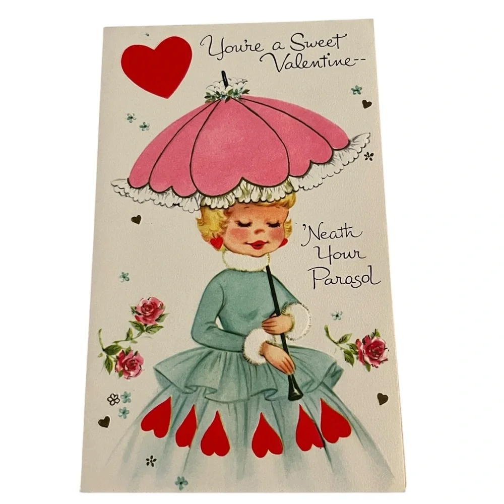 Unused Vintage Sangamon Valentine Greeting Card Woman Under a Parasol Doll